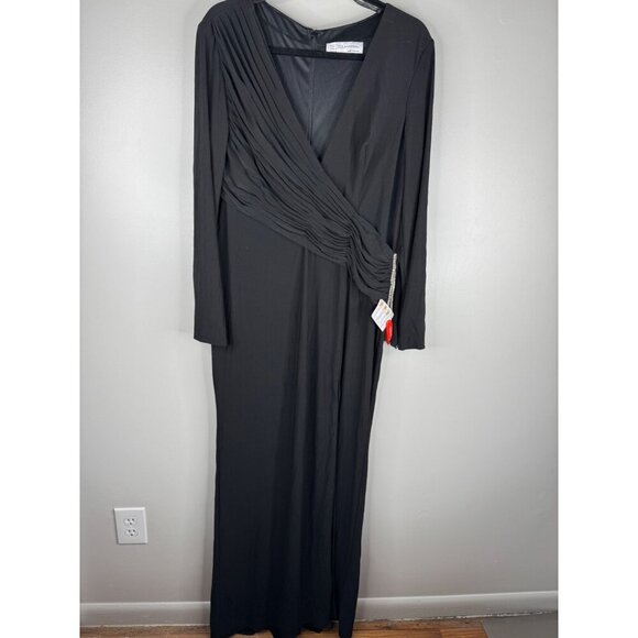 MAC DUGGAL Maxi Evening Gown Jersey Black Long Sleeve V Neck Embellished Sz. 12 - Picture 4 of 7